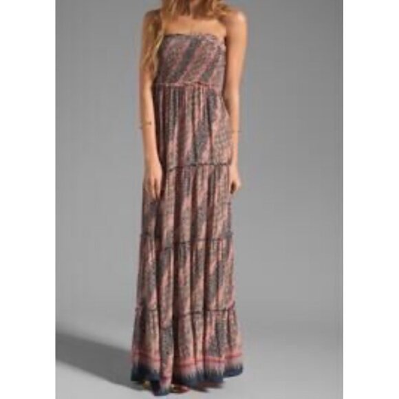 Free People Tiered Smocked Maxi Dress Sleeveless Boho Airy Lightweight Navy Mauv - Picture 1 of 7